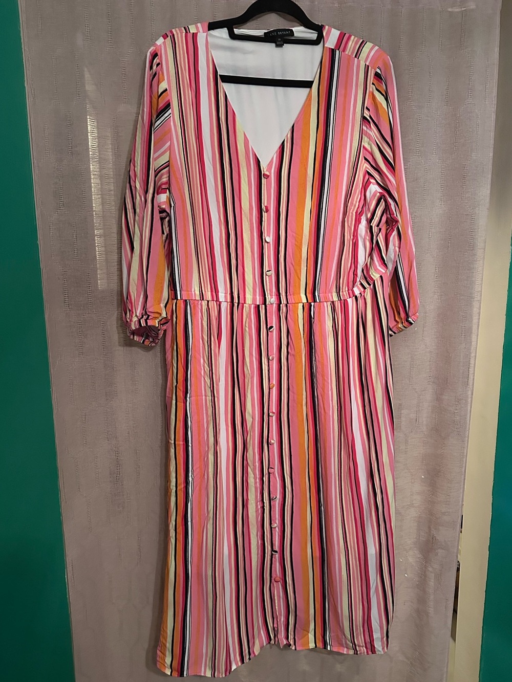 Lane Bryant Striped Button-Front Midi Dress in Pink, White & Yellow